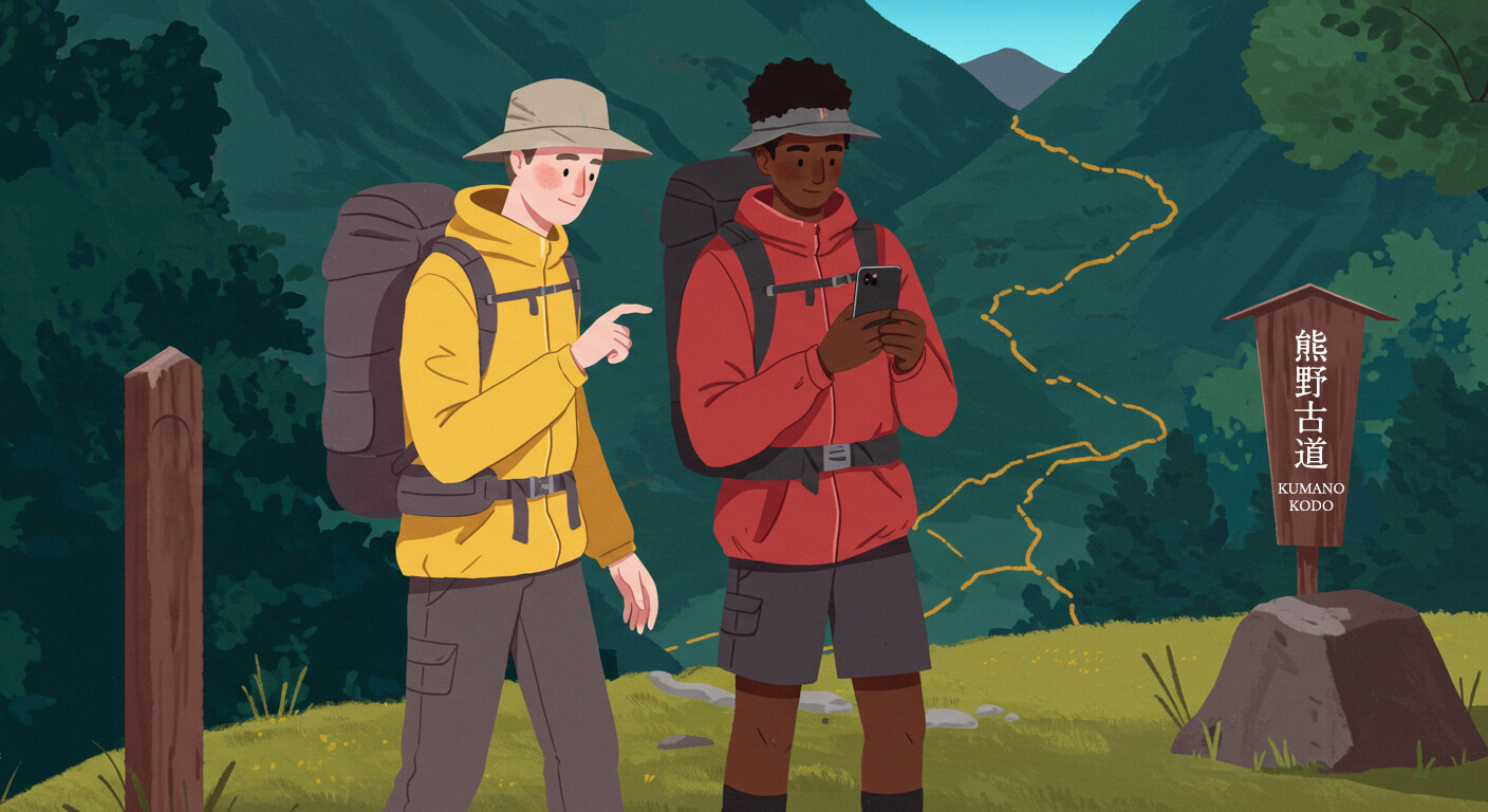 Two hikers on the Kumano Kodo using a smartphone